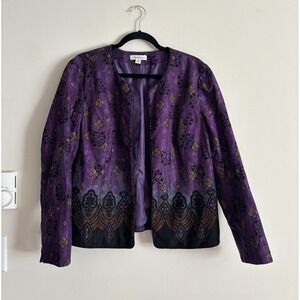 Coldwater‎ Creek Jacket Women's 16 Purple Black Artsy Boho Fair Isle Open Front